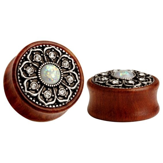 Bouchons D'oreille Tunnels Bois Et Opale - 1 Paire Vintage, Taille 12mm, Unisexe, Design évasé - 9