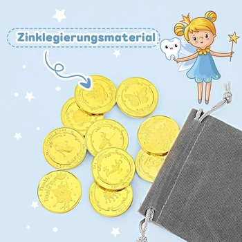 Mince Zubní víla, zlaté mince UPINS 10 zoubkových víl s různými vzory a 2 úložné sáčky, dárkové