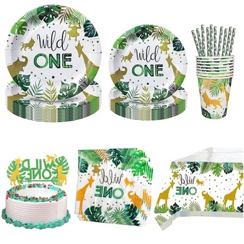 Formemory 61 kusů Wild One Animals Kartonové nádobí Party dekorace pro 10 dětí, džungle Sada