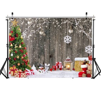 LYWYGG 8X6FT Vánoční pozadí s fotografiemi Zimní dárek Dřevěné pozadí Pozadí Vánoční večírek