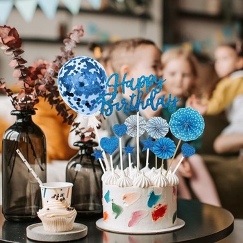 Narodeninová dekorácia modrá, narodeninová dekorácia torty, balónik s konfetami, ozdoba na