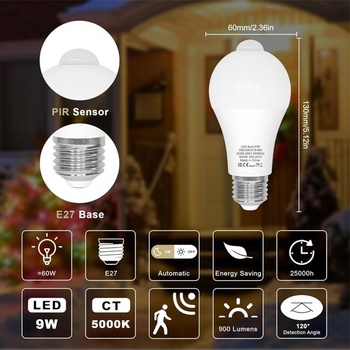 Žárovka LUTW s pohybovým senzorem, E27 LED žárovky 9W 900LM Denní světlo Bílá 5000K Automatické