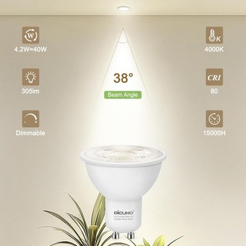 DiCUNO GU10 stmievateľná žiarovka, 4,2W LED ekvivalentná 40W halogénovej lampe, neutrálna biela 4000K,