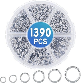 Sada 1390 kusov krúžkov, 6 veľkostí krúžkov, strieborné delené krúžky, kovová retiazka, otvorené