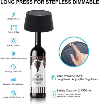 Solární stolní lampa ANTELA Bezdrátová stmívatelná LED stolní lampa Venkovní dobíjecí teplé bílé