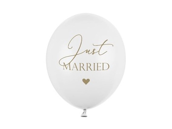 PartyDeco latexové balóniky s potlačou Just Married v zlatej farbe pre Hel - biele balóniky s potlačou