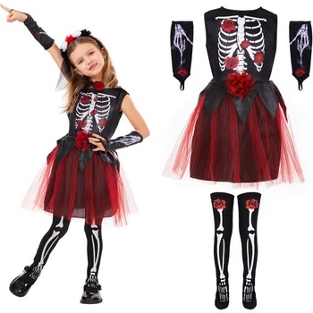 Ulikey Dievčenské kostlivové šaty, Halloween Kostým Kostým s Kostlivovými rukavicami a Kostlivovými