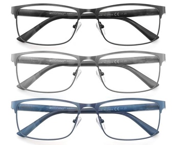 MODFANS Balení 3 pánských brýlí na čtení proti modrému světlu, obdélníkový kov z nerezové oceli –
