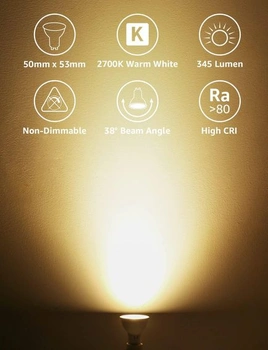 LED žárovka Lepro GU10, 4W 345 lumenů, teplá bílá 2700K, úhel vyzařování 38°, úsporná žárovka GU10,