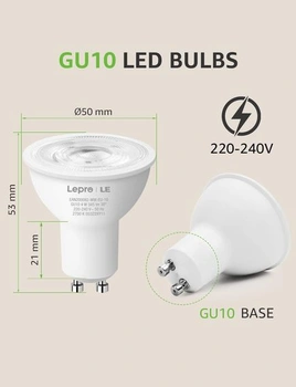 LED žárovka Lepro GU10, 4W 345 lumenů, teplá bílá 2700K, úhel vyzařování 38°, úsporná žárovka GU10,