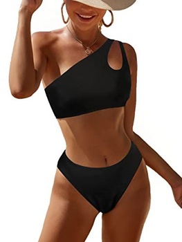 JFAN Dámské plavky Bikini Set Jedno rameno Vyhloubené plavky Sexy dvoudílné plavky (černé, XL)