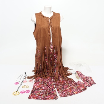 Hippie kostým dámská souprava s třásněmi vesta bez rukávů 70. léta dámské kalhoty a hippie oblečení
