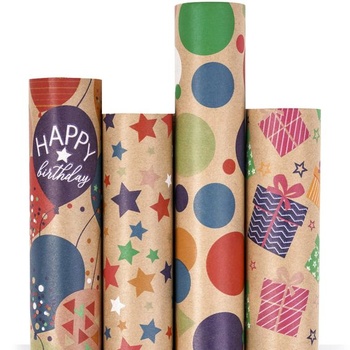 Balicí papír RUSPEPA Kraft – Všechno nejlepší k narozeninám Barevný balon a puntíkovaný obal – 4