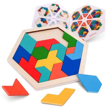 Dřevěná dětská puzzle Coogam - Šestiúhelníkový vzor Blok Tangram Logic IQ Hra STEM Montessori