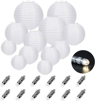 FullBerg 12 bielych papierových lucerien (rôzne veľkosti) s 12 teplými bielymi mini LED balónikovými