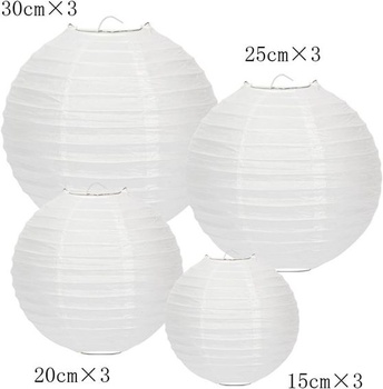 FullBerg 12 bielych papierových lucerien (rôzne veľkosti) s 12 teplými bielymi mini LED balónikovými