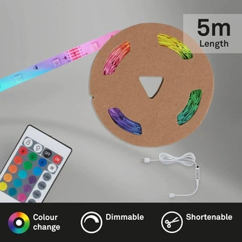 BRILONER - 5m RGB LED pásek, LED světelný pásek, změna barvy, světelný řetěz, dálkové ovládání, LED