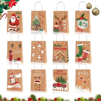 Balení 24 vánočních tašek, vánoční kraftové dárkové tašky, malé vánoční papírové tašky, dárková