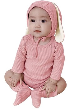Novorozenecký kostým pro novorozence AGQT 3dílný obleček zajíček s dlouhým rukávem s 3D králičím