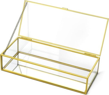 Sklenená krabička QWORK® Golden Vintage, zásobník na šperky, priehľadná obdĺžniková krabička, 23,3 x