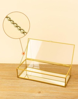 Sklenená krabička QWORK® Golden Vintage, zásobník na šperky, priehľadná obdĺžniková krabička, 23,3 x