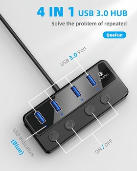 Qeefun 4-portový USB Hub 3.0, jednotlivé LED vypínače, 4ft USB predĺženie, 5V/3A USB extender pre