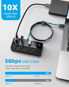 Qeefun 4-portový USB Hub 3.0, jednotlivé LED vypínače, 4ft USB predĺženie, 5V/3A USB extender pre