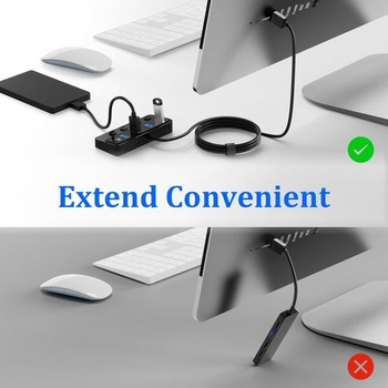 Qeefun 4-portový USB Hub 3.0, jednotlivé LED vypínače, 4ft USB predĺženie, 5V/3A USB extender pre