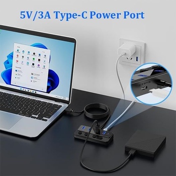Qeefun 4-portový USB Hub 3.0, jednotlivé LED vypínače, 4ft USB predĺženie, 5V/3A USB extender pre
