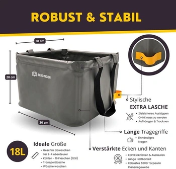 BERGTIGER® 500D Plachta, skládací kempingová mísa 18L / 21L s EXTRA DRŽADLEM I Skládací venkovní