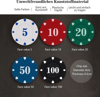 KAYSENSUK 100 kusů kasinových pokerových žetonů, herních žetonů, karet, žetonů, vkladových žetonů,