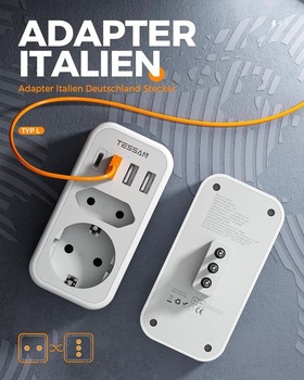 TESSAN adaptér Taliansko zásuvka, 6v1 cestovný adaptér Taliansko s 1 USB C a 3 USB A, 2500W cestovné