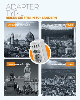 TESSAN adaptér Taliansko zásuvka, 6v1 cestovný adaptér Taliansko s 1 USB C a 3 USB A, 2500W cestovné