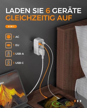 TESSAN adaptér Taliansko zásuvka, 6v1 cestovný adaptér Taliansko s 1 USB C a 3 USB A, 2500W cestovné