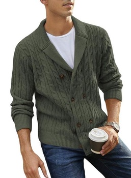Elegance pánský kardigan khaki šálový límec Robustní pletený kardigan zapínání na knoflíky dlouhý