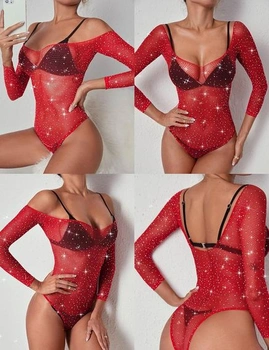 Dámska spodná bielizeň RSLOVE Sieťované body Priehľadné Sexy Dlhý rukáv Jednodielne Červené Teddy