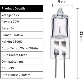 Halogenové žárovky Comyan G4, 12V 20W halogenová žárovka s kolíkovou paticí teplá bílá 2800K,