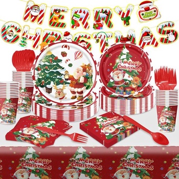 Amycute Sada nádobí na vánoční večírek, 122dílná sada vánočních dekorací, Talíře Ubrousky Párty