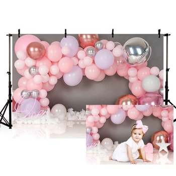 MEHOFOND 2,1x1,5m Dívky 1roční narozeninová párty Růžové balónky Fotografie Dekor Dort Crush Banner