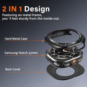 Amizee 2 v 1 kovové púzdro kompatibilné s Samsung Galaxy Watch Ultra 47mm, tvrdý PC odolný proti