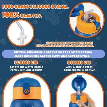 Detská nerezová fľaša na pitie Autsel Kids 500ml so slamkou, izolovaná detská fľaša bez BPA, kovová