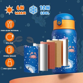 Detská nerezová fľaša na pitie Autsel Kids 500ml so slamkou, izolovaná detská fľaša bez BPA, kovová