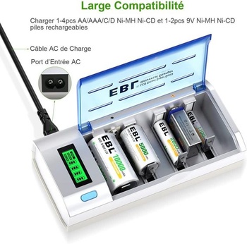Univerzálna nabíjačka LCD EBL 906 pre AA/HR6, AAA/HR3, C/HR14, D/HR20, dobíjacia, NI-MH NI-CD, s