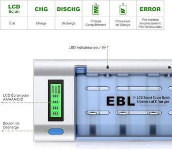 Univerzálna nabíjačka LCD EBL 906 pre AA/HR6, AAA/HR3, C/HR14, D/HR20, dobíjacia, NI-MH NI-CD, s