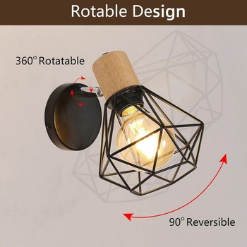 Toolight Vintage průmyslové nástěnné svítidlo, 360° otočná dřevěná nástěnná lampa, E27 kov a černá