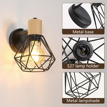 Toolight Vintage průmyslové nástěnné svítidlo, 360° otočná dřevěná nástěnná lampa, E27 kov a černá