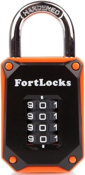 FortLocks – oranžový uzamykateľný zámok, 4 číslice, tvrdená nerezová oceľ, odolný voči vode a