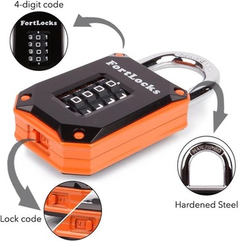 FortLocks – oranžový uzamykateľný zámok, 4 číslice, tvrdená nerezová oceľ, odolný voči vode a