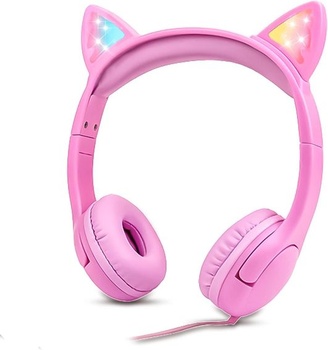Dievčenské slúchadlá Olyre LED Light Up Cat Ears 85 dB Ochrana sluchu Detské slúchadlá 3,5 mm Jack Ružová
