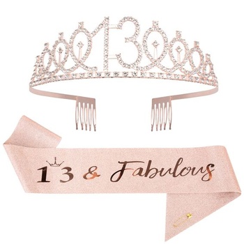 Mikccer 13th Birthday Girls Sashe and Tiara, 13th Rose Gold Crystal Birthday Crown Set, 13th